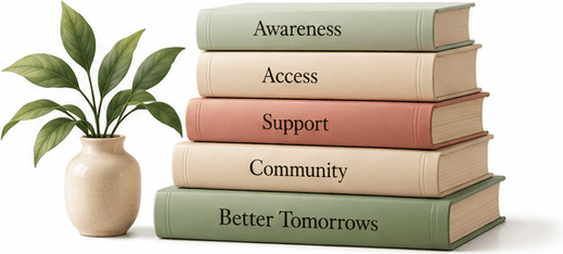 A stack of books with the spines Awareness, Access, Support, Community and Better Tomorrows, beside a potted plant.